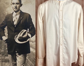 1910s Edwardian Dress Shirt Crisp Cotton White Negligee Shirt~Antique Button Front 1920s Mens 44" Chest WEARABLE