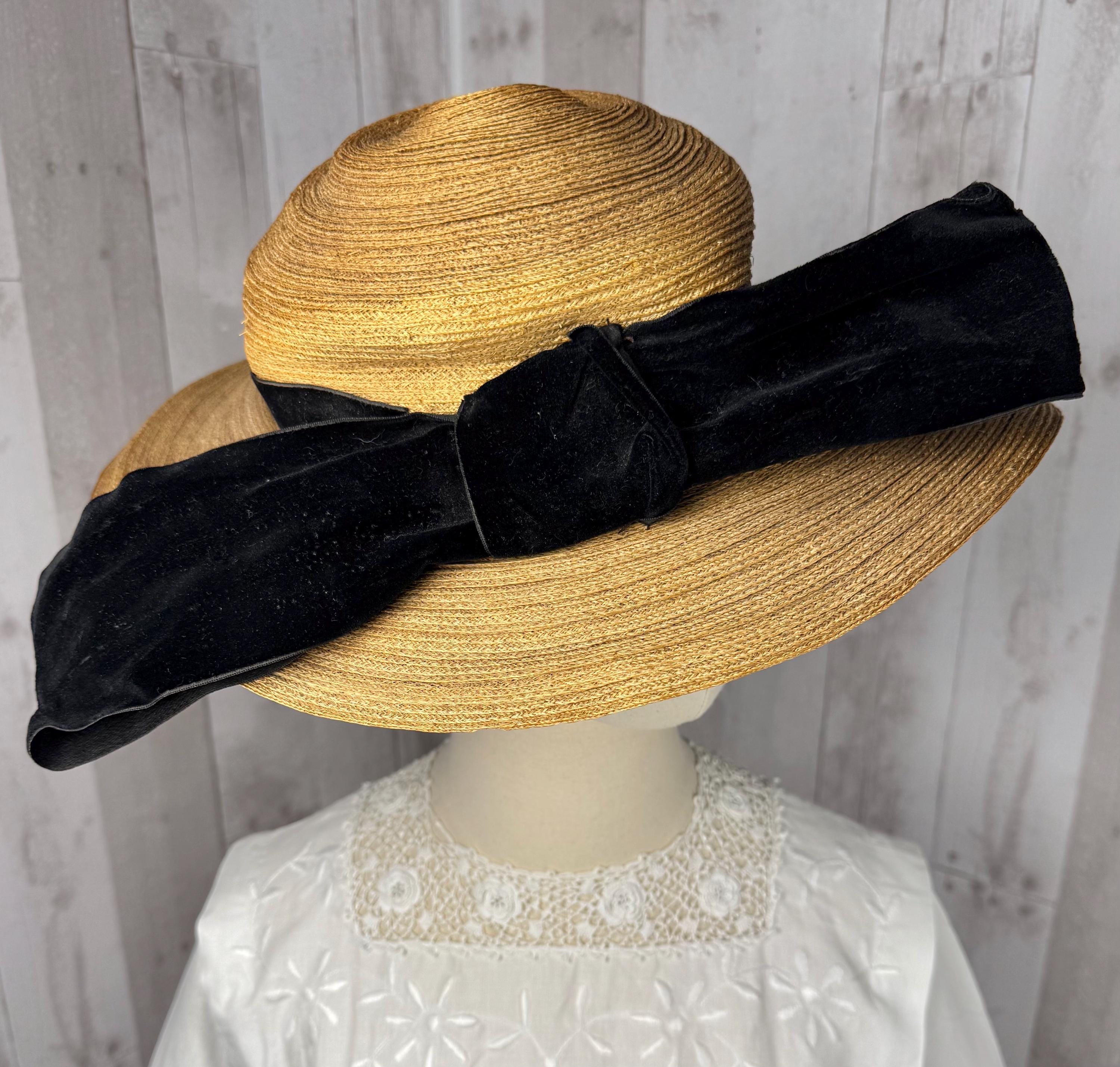1900s-1910s Edwardian Straw HAT Black Velvet Ribbon Bow 