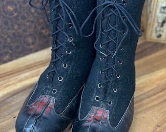 1915s-1920s Mens Antique Mens Wool Felt Lace up Boots - Shoes Black Unisex 12" Length