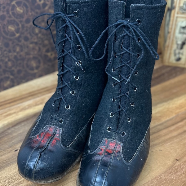 1915s-1920s Mens Antique Mens Wool Felt Lace up Boots - Shoes Black Unisex 12" Length