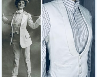 1910s Edwardian VEST Mens White Cotton Pique Tuxedo Walking Suit Unisex 1900s MOP Buttons 36" Chest