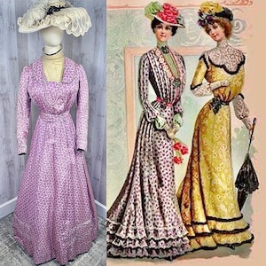 1910s Edwardian Purple Silk Brocade Dress Antique Outfit/Gown 1900s Small