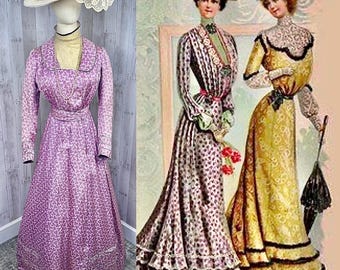 Vestido de brocado de seda púrpura estilo eduardiano de la década de 1910, traje antiguo, década de 1900, pequeño