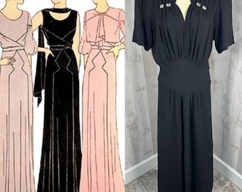 1930s Antique Gown Jet Black Crepe Vintage Dress  Rhinestone Embellishments S