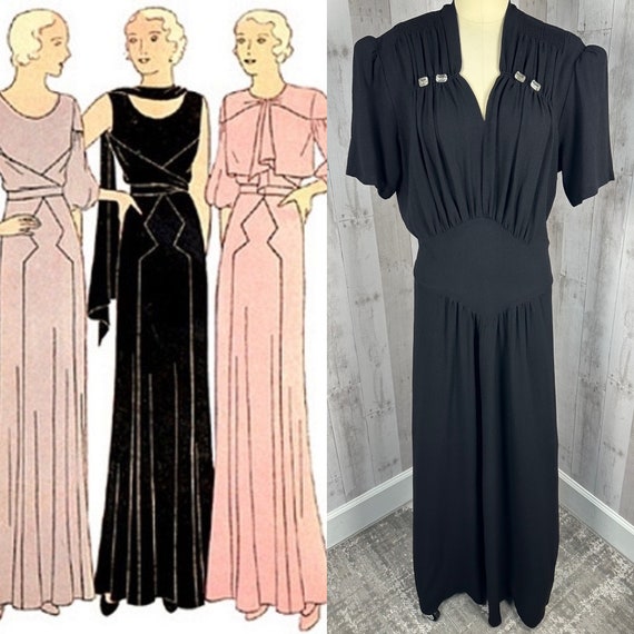 1930s Antique Gown Jet Black Crepe Vintage Dress Rhinestone 