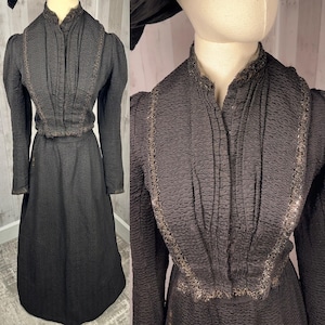 1890s Victorian 2PC Corset Jacket & Skirt ~ Antique Textured Black Outfit/Gown 1900s Small