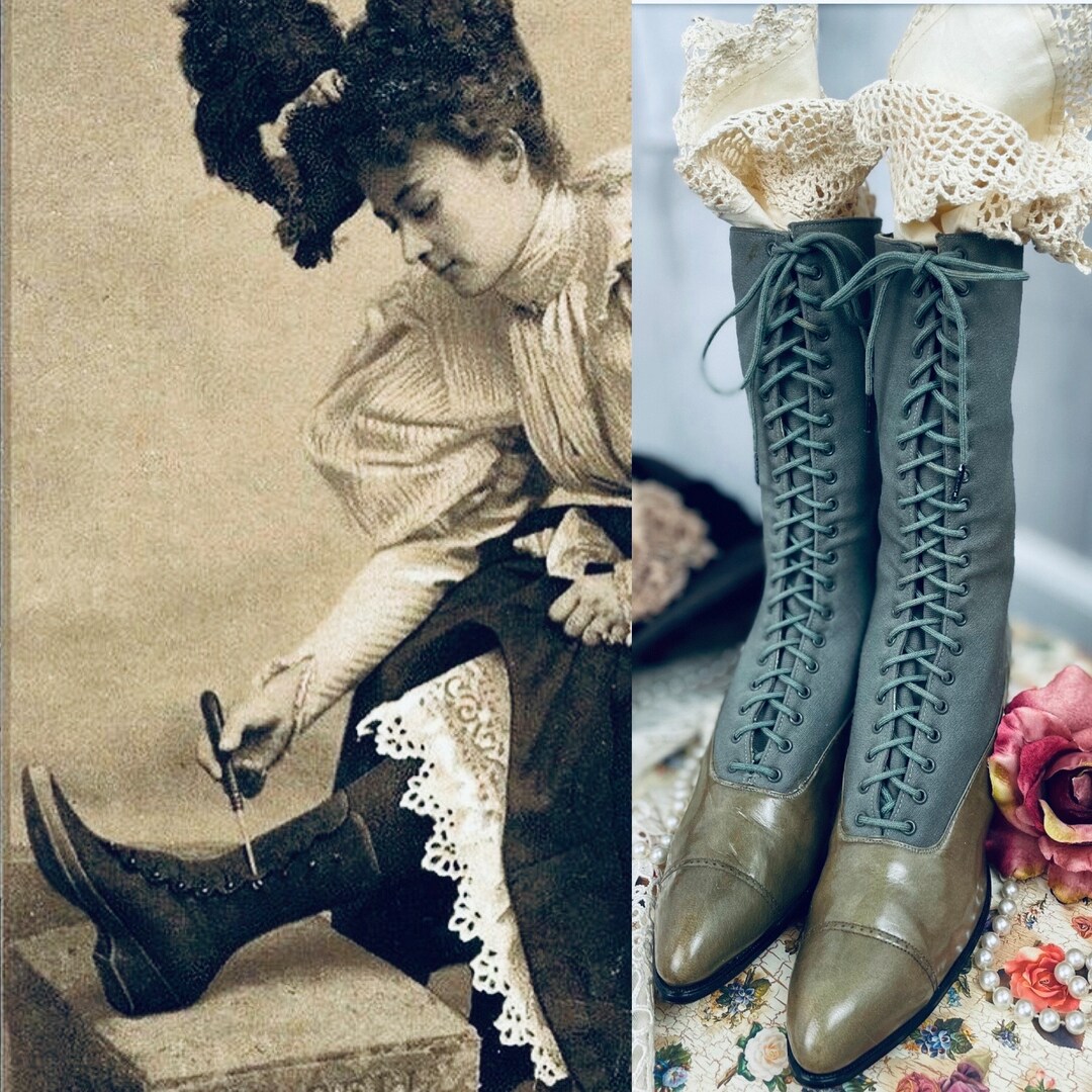 1910s Antique Edwardian Granny Boots~two Tone Olive Green Leather