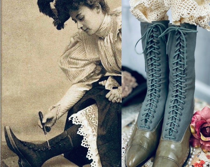 1910s Antique Edwardian Granny Boots~Two Tone Olive Green Leather Vintage Lace Up 10” Length