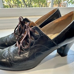 Antique Edwardian Shoes Black Leather Lace-up Oxford Granny Heels 9"