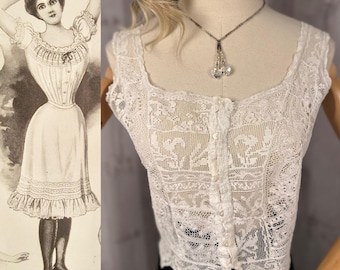 1910s True Edwardian Lace Top Corset Cover Eggshell Cotton Sheer 1900s Small