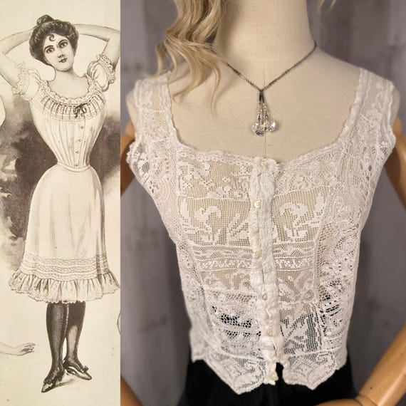 1910s True Edwardian Lace Top Corset Cover Eggshell Cotton Sheer 