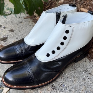 New! 1900s Style~Edwardian Spectator Cap Toe Boot Decorative Button Boots Shoes Black & White Leather Unisex 1910s New Stock Sz 9 thru 13