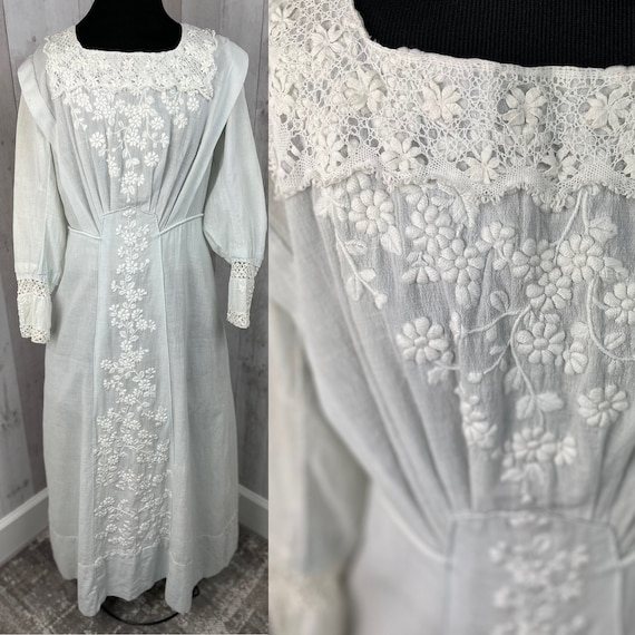 1910s Edwardian Tea Dress Antique Pale Blue Cotto… - image 2