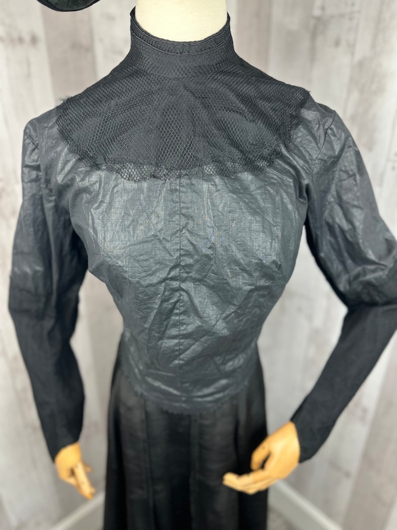 1900s Edwardian Waist Shirt Blouse Antique Black Silk w/Netting 1910s Small WOUNDED image 5