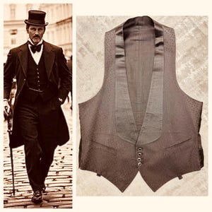 jaren 1910 antiek vest formeel zwart brokaat smoking/satijnen kraag jaren 1920 herenkleding uniseks maat S/M 36" borst