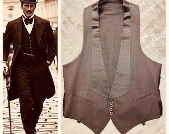 1910s Antique Weste Formelle Schwarze Brokat Smoking/Satin Kragen 1920s Herrenmode Unisex S/M Brustumfang 92cm