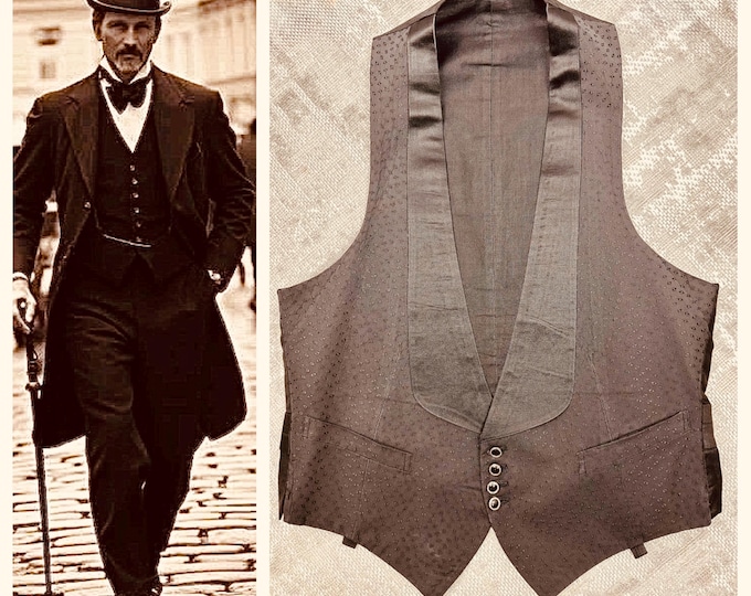 1910s Antique Vest Formal Black Brocade Tuxedo/Satin Collar 1920s Menswear Unisex S/M 36" Chest
