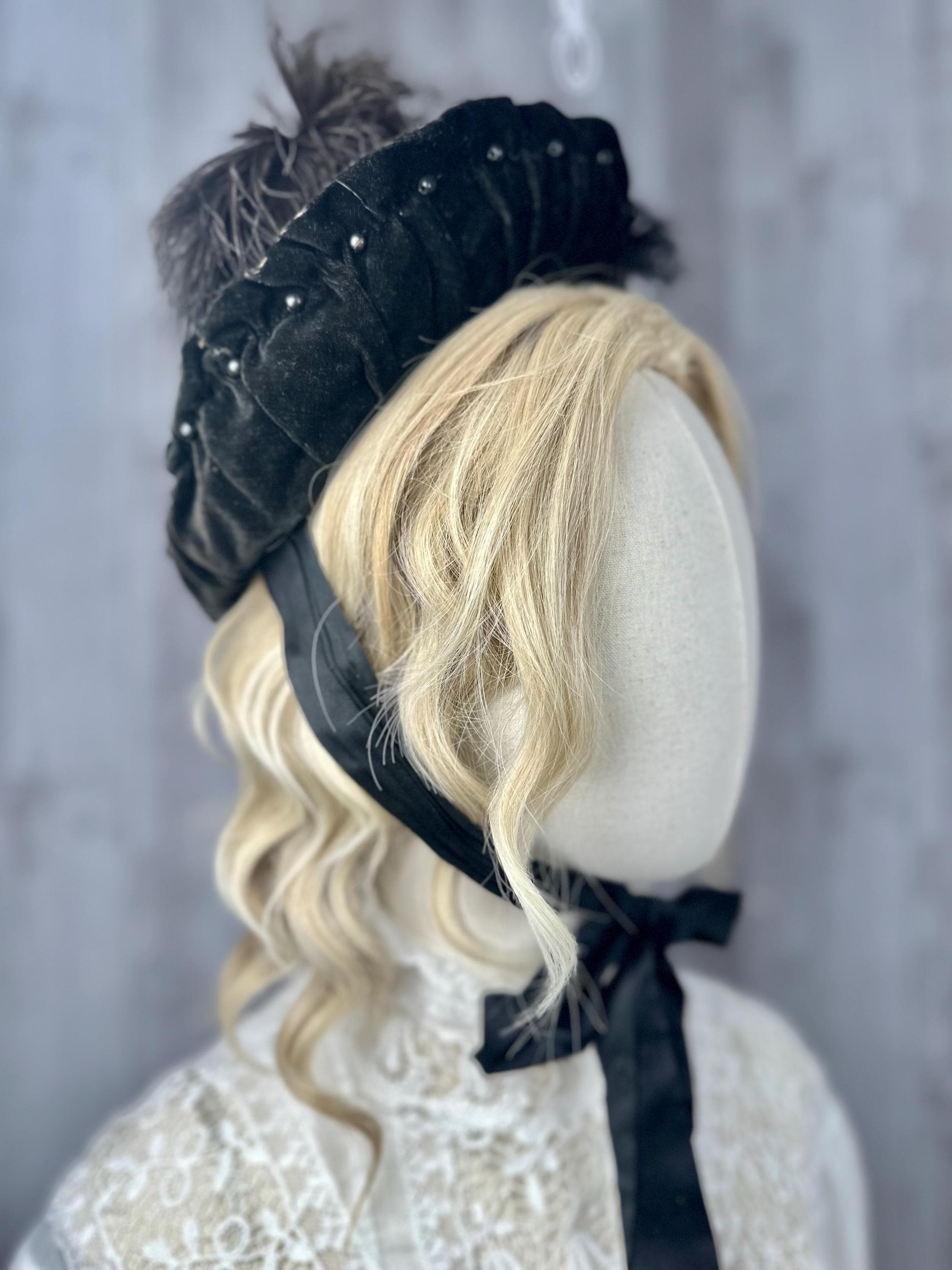 Antique Victorian / Edwardian Black Silk Velvet Beret with BEAUTIFUL Beadwork an Antique 1800s Victorian Black Purple Velvet Bonnet Hat w  main image 3