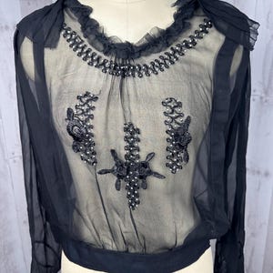 1910s Edwardian Waist Shirt / Blouse-Sheer Silk Chiffon w/Ruffled Collar & Floral Embroidery 1900s M