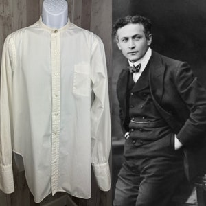 1920-30s Mens Antique Dress Shirt Button Front White Cotton 48" Chest-Clean & Wearable!
