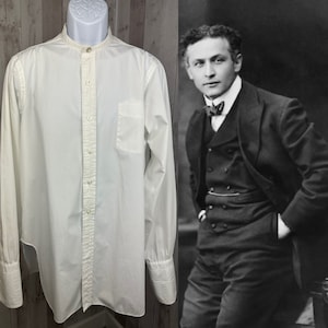 1920-30s Mens Antique Dress Shirt Button Front White Cotton 48&quot; Chest-Clean & Wearable!