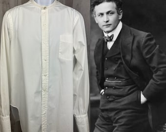 1920-30s Mens Antique Dress Shirt Button Front White Cotton 48" Chest-Clean & Wearable!