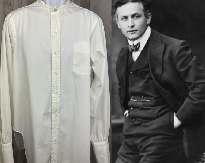 1920-30s Mens Antique Dress Shirt Button Front White Cotton 48" Chest-Clean & Wearable!