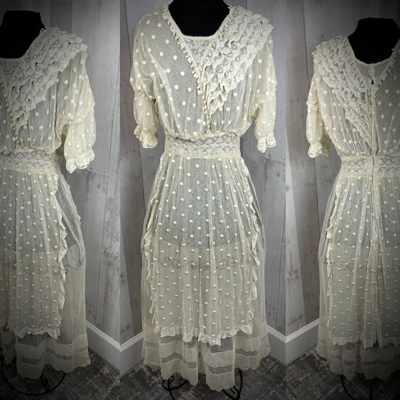 1910s True Edwardian Dress~Sheer Ivory Cotton Net… - image 1