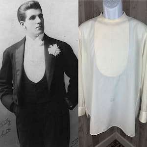 1900s Victorians Mens Shield Front Dress Shirt Crisp Off White Striped Cotton 46&quot; Chest