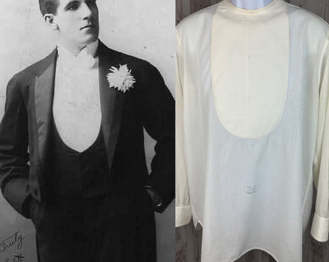 1900s Victorians Mens Shield Front Dress Shirt Crisp Off White Striped Cotton 46" Chest