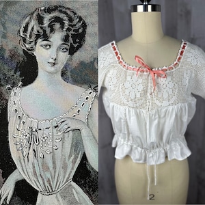 1910s True Edwardian Corset Cover Crisp White Cotton Floral Crochet Neckline w/ Pink Silk Ribbon Ties 1900s Small Jrs