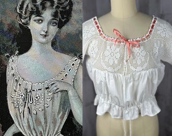 1910s True Edwardian Corset Cover Crisp White Cotton Floral Crochet Neckline w/ Pink Silk Ribbon Ties 1900s Small Jrs