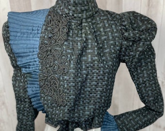 1890s Victorian Antique Wool Corset Check Jacket-1900s S/XS