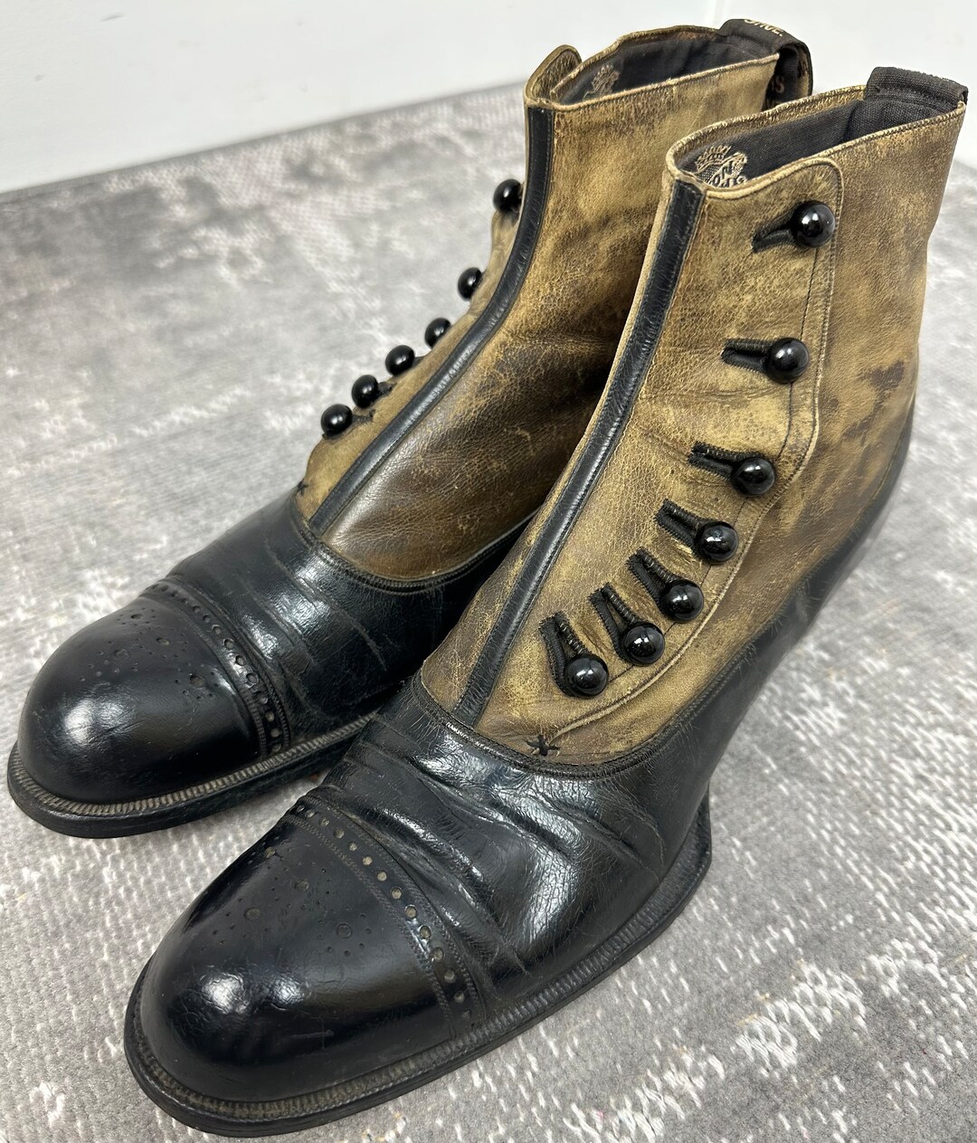1910s Mens True Edwardian Antique Button Boots Shoes Black W/ Brown ...