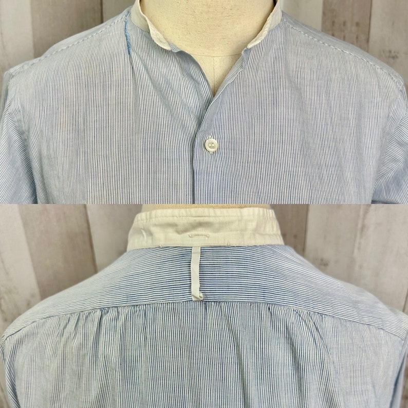 Pu&ograve; includere: Una camicia a maniche lunghe a righe blu e bianche con colletto bianco e un unico bottone di chiusura. La camicia ha un colletto alla coreana e una vestibilit&agrave; rilassata.