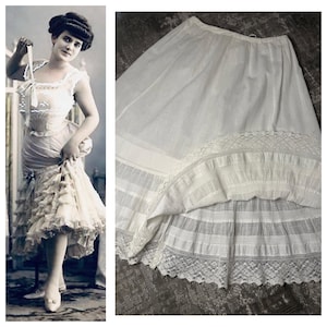 1910s Edwardian Petticoat~Antique Off White Batiste Cotton Crinoline Skirt with Ruffle Hem 1900s 24” Waist