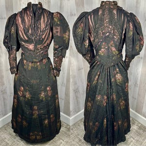 1890s Victorian 2PC Black Brocade Dress Corset Jacket/Skirt Antique Outfit/Gown 1900s Small WOUNDED