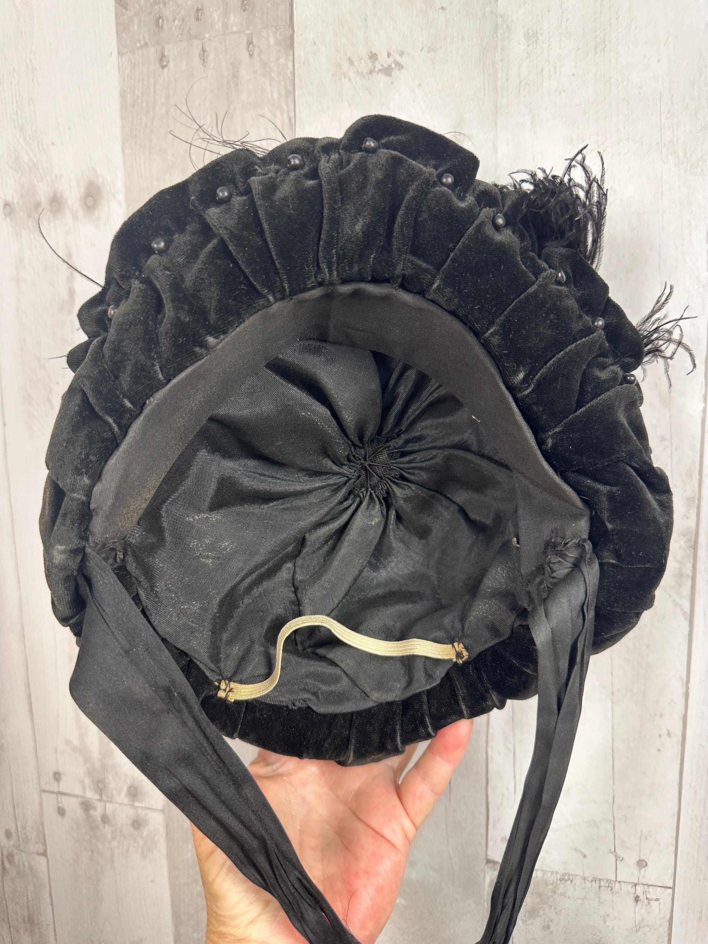 1890s Victorian Mourning HAT Inky Black Brim Bonnet Beaded 