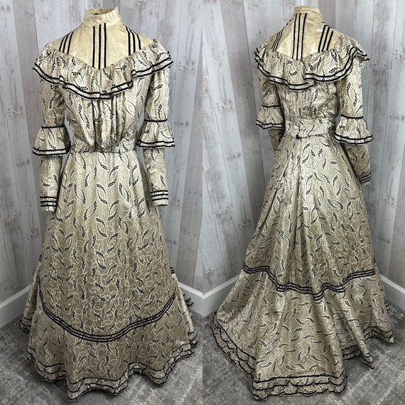 1890s1900s Edwardian Gown 2PC Gibson Girl Dress Silk Brocade Gold Black Outfit With Corset Jacket skirt Wearable Girls jrs Xsmall 32x21 Etsy UK