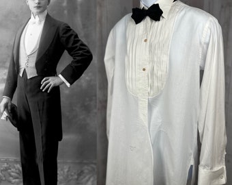 1910s Mens Pintucked Front Dress Shirt ~ Crisp White Cotton
