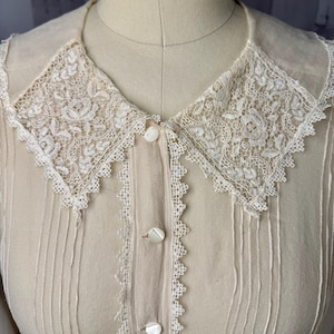 1910s Edwardian Waist Shirt - Sheer Ivory Silk Chiffon w/Lace Collar Blouse Small/2