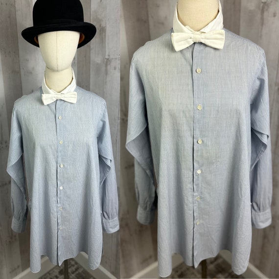 1910s Edwardian Dress Shirt~Pinstriped Pale Blue … - image 1