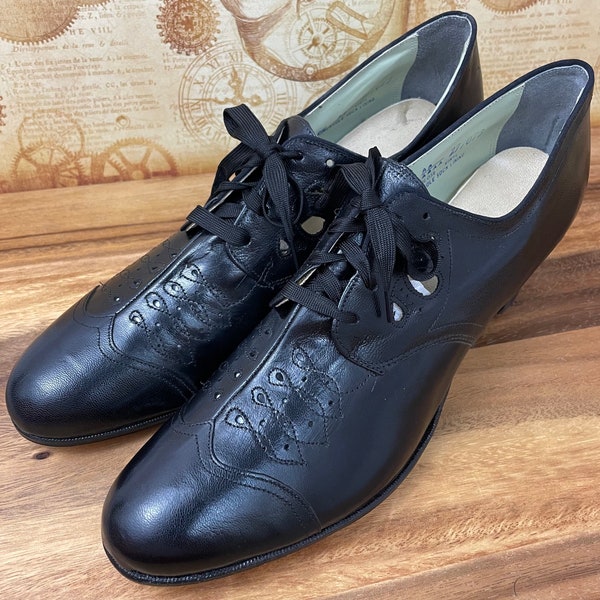 1930s NOS Antique Heels Shoes Black Leather Sole Oxford Granny Heels New/New Old Stock 8.5AA