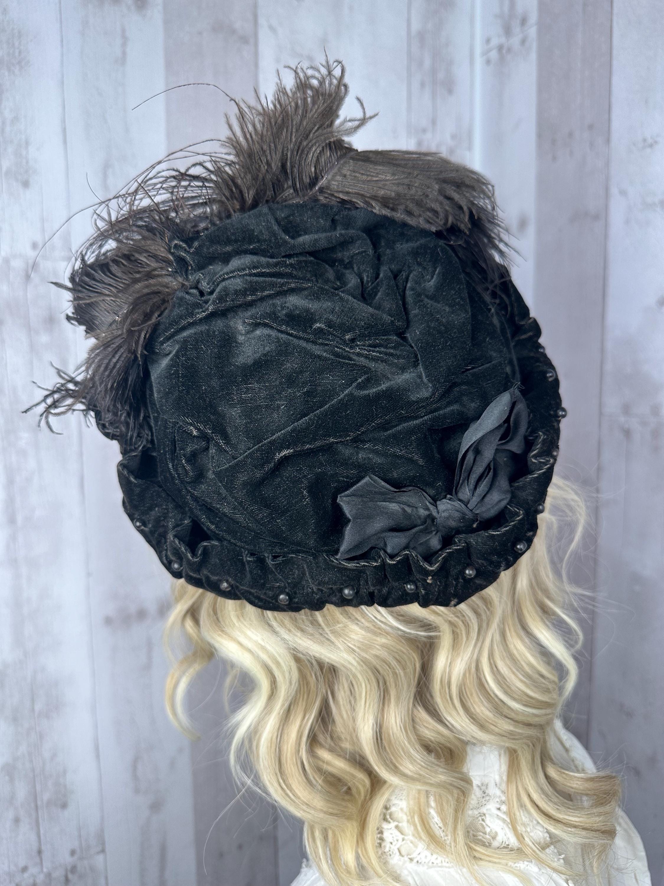 Antique Victorian Mourning Hat Bonnet Black Velvet Ribbons Feathers Beads Black Late 1800s/Early 1900s Black Velvet Ostrich Feather Floral  main image 3