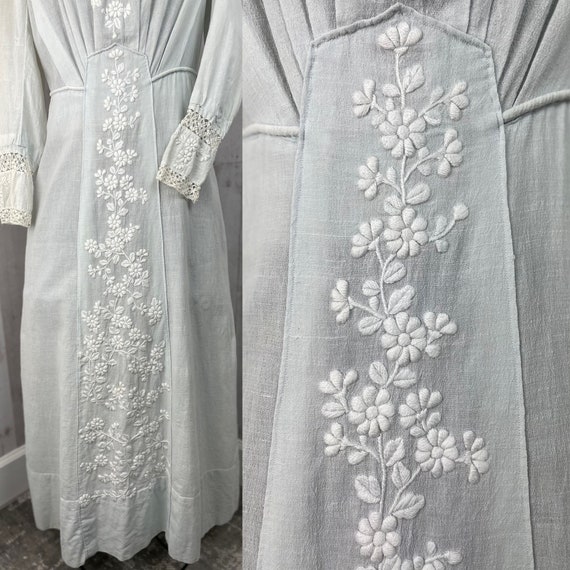 1910s Edwardian Tea Dress Antique Pale Blue Cotto… - image 5