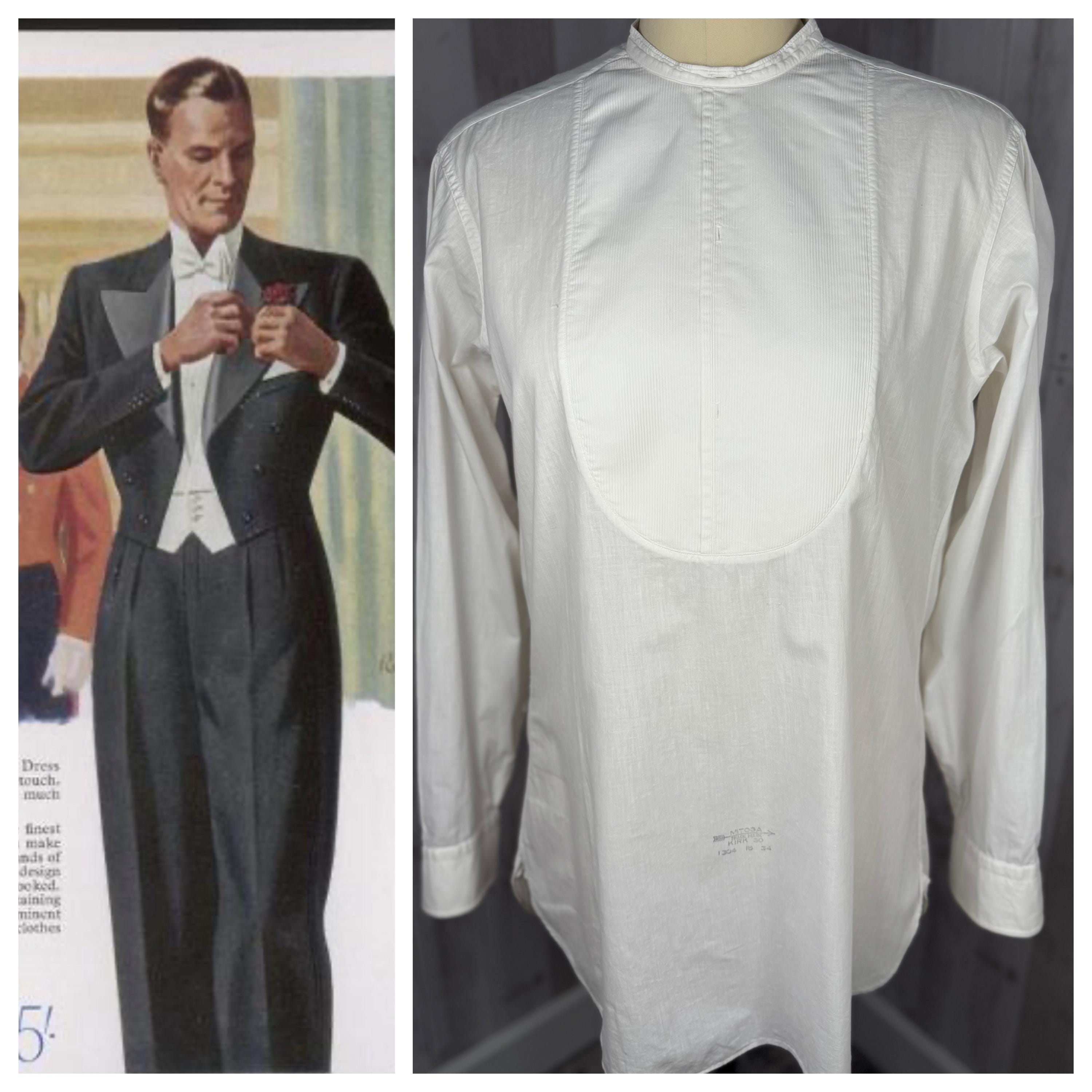 1920-30s Art Deco Mens Shield Front Dress Shirt ~ Crisp Bright White w/Pique Cotton Tuxedo Front 44" Chest