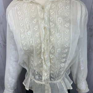 1900s Edwardian Lace Waist Shirt Blouse Antique Sheer Cream Colored Cotton 1910s Medium