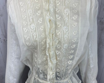1900s Edwardian Lace Waist Shirt Blouse Antique Sheer Cream Colored Cotton 1910s Medium