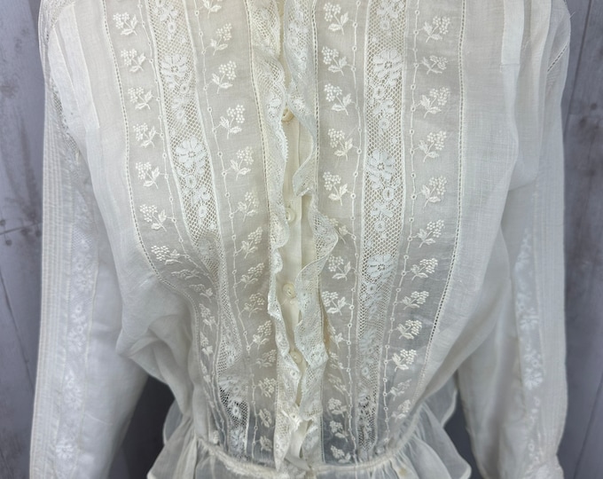 1900s Edwardian Lace Waist Shirt Blouse Antique Sheer Cream Colored Cotton 1910s Medium