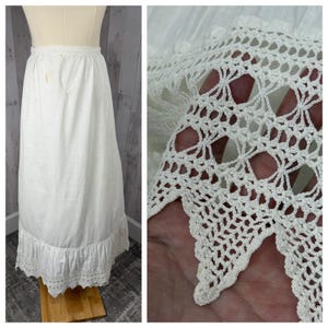 1910s Edwardian Petticoat~Antique Tiered White Crisp Cotton Crinoline Skirt with Crochet Ruffle Hem 1900s 36” Waist